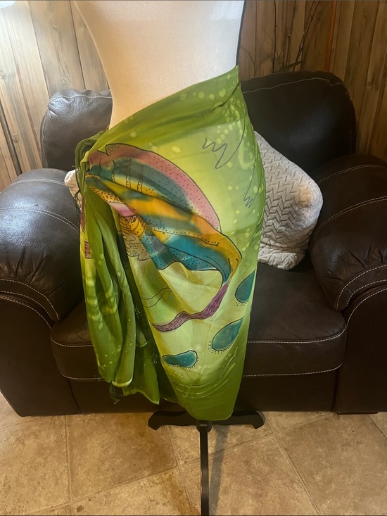 Other - Green fish/sea print art to wear sarong scarf w/hand tied fringe. Beach Summer